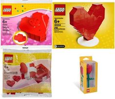 legos and other toys are shown in the package, including a heart shaped box