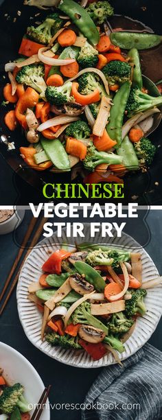 two plates filled with stir fry vegetables on top of each other