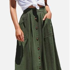 - New With Tags - 95% Polyester 5% Spandex - Midi Skirt - Buttons Down Front - Stiff Material - Pockets Green Cotton Casual Maxi Skirt, High-waisted Buttoned Maxi Skirt For Summer, High Waist Buttoned Maxi Skirt For Summer, High-waist Maxi Skirt With Buttons For Summer, Casual Green Skirt, Casual Green Long Skirt, Green Casual Flowy Skirt, Casual Green Flowy Skirt, Casual Green Skirt For Fall