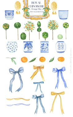 watercolor painting of blue and white items with ribbons, bows, and trees on them