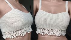 two pictures of a woman wearing a white top with crochet on the bottom