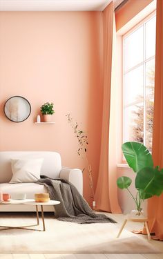 a living room with pink walls and white furniture in front of a large potted plant