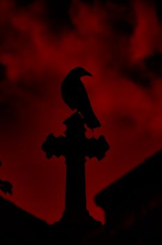 a black bird sitting on top of a cross in front of a dark red sky