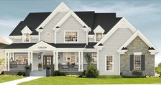 a large gray house with white trim and black shutters on the front porch is shown in an artist's rendering