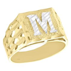 A bold and manly look, this Initial Letter M ring is just the perfect style for him. This versatile ring is brilliantly crafted in solid 10K Yellow Gold. Frame of this ring measures 11.50mm. This ring design was intricately thought out so it can worn for any occasion, no matter how casual or fancy. Make an impression with this exclusive bold signet style ring which is diamond cut for extra shine and luster. Solid gold ring weighs approx. 4.7 gr.. Available in size 8.5, can be sized upon request Cheap Mens Rings, M Ring, Mens Rings For Sale, 10k Gold Ring, Letter M, Initial Ring, 18k Gold Jewelry, Gold Initial, Solid Gold Rings