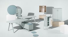 an assortment of furniture and accessories arranged on a white surface with shadows from the floor