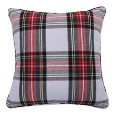 the plaid pillow is shown in grey, red and black colors with a white background