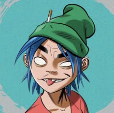 a cartoon character with blue hair wearing a green hat and making a funny face while looking at the camera