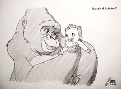 a drawing of a gorilla holding a small child