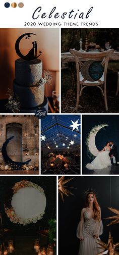 a collage of wedding photos with moon and stars in the background, including an image of