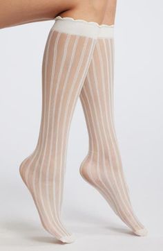 Complement your fashion-forward looks with these sheer knee-high socks punctuated with vertical stripes. Nylon/spandex Machine wash, tumble dry Imported White Knee High Socks Outfit, White Thigh High Socks, Movie Fits, Knee High Socks Outfit, High Socks Outfits, White Knee High Socks, White Thigh Highs, Striped Tights, White Tights