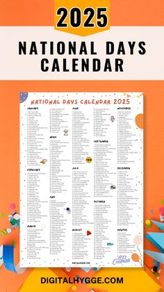 the national days calendar is shown on an orange background