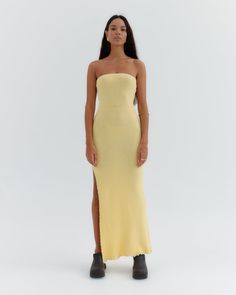 Strapless Knit Dress | Buttercup Yellow – Staple & Hue Tube Gown, Strapless Knit Dress, Gentle Feminine, Buttercup Yellow, Tube Dress, Minimalist Aesthetic, Side Split, Knit Dress, Classic Design