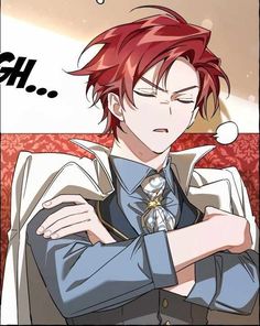 an anime character with red hair wearing a blue shirt and tie, holding his hands on his chest