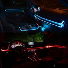 the interior of a car is lit up with neon lights