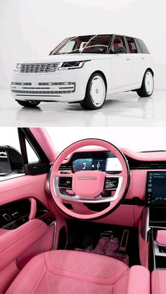 the inside and outside view of a pink car