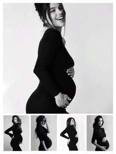 the pregnant woman is posing in her black dress