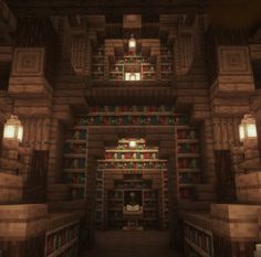 the inside of a library with lots of bookshelves and lamps on each shelf