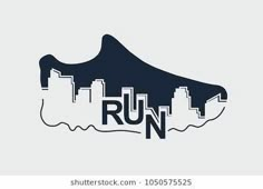 the running shoe with the word run on it and cityscape in the background