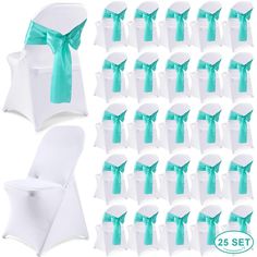 white folding chairs with turquoise bows and matching chair sashes for wedding or special event