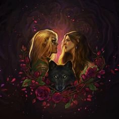 two beautiful women and a wolf in front of a purple background with roses on it