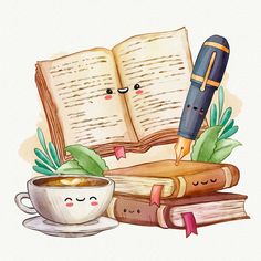 a cup of coffee and an open book with a pen on it next to some books