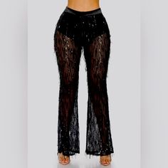 Featuring A High Waisted Underwear Lining Sheer Layered Sequin Wide Leg Pants And Side Zipper. Self: 95% Polyester 5% Spandex Contrast: 90% Polyester 10% Spandex Lining: 100% Polyester Made In China Stretch Sequin Bottoms For Evening, Sequin Stretch Evening Bottoms, Chic Full-length Bottoms For Club, Chic Club Bottoms Full Length, Glamorous Fitted Black Bottoms, Stretch High-waisted Pants For Evening, Non-stretch Trousers For Night Out, Black Elastane Bottoms For Club, Glamorous Black Club Bottoms