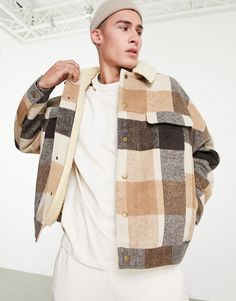 Jacket by ASOS DESIGN Check you out Borg collar Press-stud placket Drop shoulders Functional pockets Oversized fit Brown Jacket Men, Fall 23, Checked Jacket, Teddy Jacket, Fashion 2024, Sherpa Jacket, Oversized Jacket, Brown Jacket, Mens Street Style