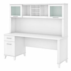 a white desk with two drawers and a cabinet on top, against a white background