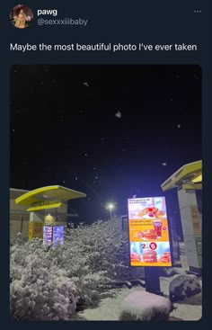 the snow is falling and it looks like they are in front of a restaurant at night