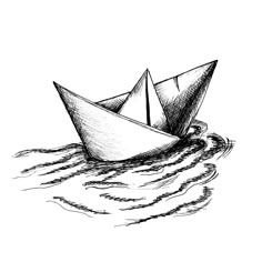 an ink drawing of a paper boat in the water