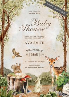 a baby shower is shown with animals in the woods