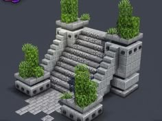 an image of a set of stone buildings with plants growing out of the top and bottom