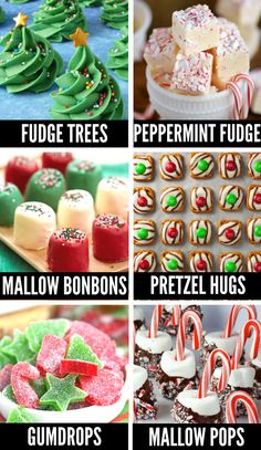 different types of christmas treats are shown in this collage, including peppermin fudges, marshmallows, pretzel hugs and gumdrops