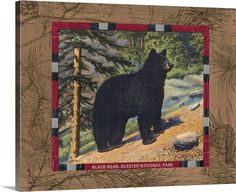 a painting of a black bear standing on a log in front of some pine trees