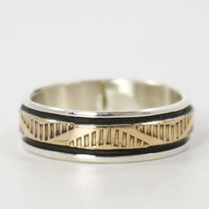 Sterling Silver and 14k Gold Ring with Hand-Stamped Designs.  Ring Size: 8.75 .25” Band Width Southwestern Jewelry, 14k Gold Ring, Earring Necklace, Don't Worry