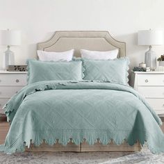 Refresh your bedroom with our Solid Color Floral King Size Bedspread Set. Crafted from soft, 100% cotton, this oversized coverlet features a chic floral design that brings a touch of nature indoors. Lightweight yet cozy, it's perfect for all seasons, whether layered or used alone. Easy to care for, this bedspread set combines style and functionality, making it a must-have for any home. Elevate your sleep space with effortless elegance-order yours today. Color: Aqua Green. French Country Quilt, Bedroom Design Board, Farmhouse Bedding Sets, Oversized Quilt, Bedspreads Comforters, Quilt Bedspread, Green Queen, Farmhouse Bedding, Cotton Bedspread