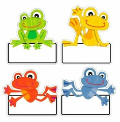 four frog stickers on top of each other in different shapes and sizes, with the same