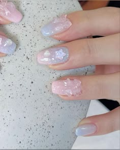 Korean Jelly Nails Simple, Purple Jelly Nails Short, Sanrio Jelly Nails, Pink And Blue Jelly Nails, Japanese Glitter Nails, Korean Jelly Nail Art, Pearl Jelly Nails, Cute Japanese Nail Art, Blue Jelly Nails Korean