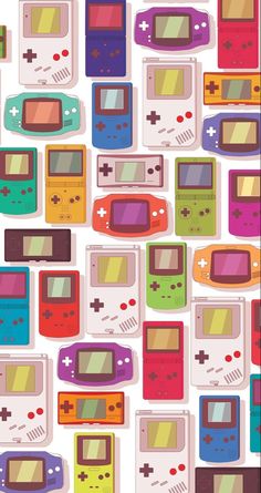 a bunch of different colored video game controllers on a white background