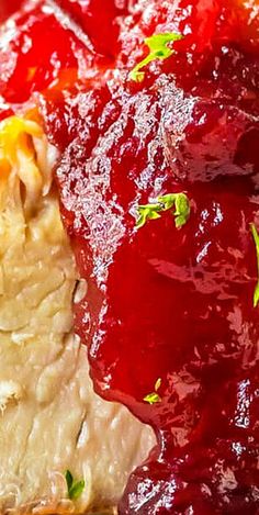 a close up of food on a plate with cranberry sauce