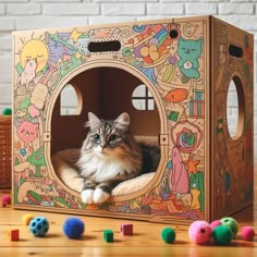 a cat sitting in a wooden toy house