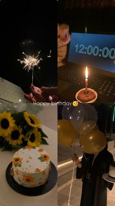 a collage of photos with sunflowers, balloons and a birthday cake in front of a laptop