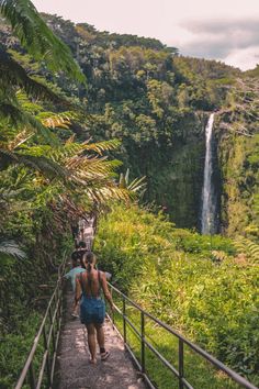 two people are walking up stairs towards a waterfall in the jungle with lush green vegetation