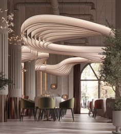 an elegant dining room with white walls and wood flooring, along with green chairs