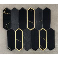 Long Hexagon Glass Mosaic Wall Tile ES Stone Color/Finish: Black & Gold Glazed ES Stone Glass Mosaic Wall Tile - Floor & Wall Tile in Black & Gold Glazed | Size 2" W X 6" L | Perigold Black And Gold Floor Tile, Black And Gold Half Bathroom, Contemporary Kitchen Backsplash, Kitchen 2023, Hexagon Tile Floor, Black And Gold Bathroom, Black Backsplash, Gold Tile, Tile Color