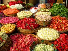 baskets filled with different types of flowers on display