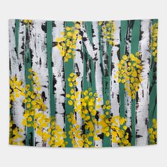 an abstract painting of yellow flowers on white birch trees