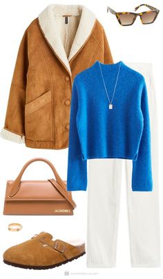 Birkenstocks Clogs, Shearling Coat Outfit, Outfits With Grey Cardigan, Winter Cardigan Outfit, Outfit Zara, Sweet Clothes, Blue Jumper, Shearling Coat