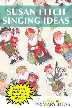 the christmas song book for kids with pictures of santas and other holiday characters on it